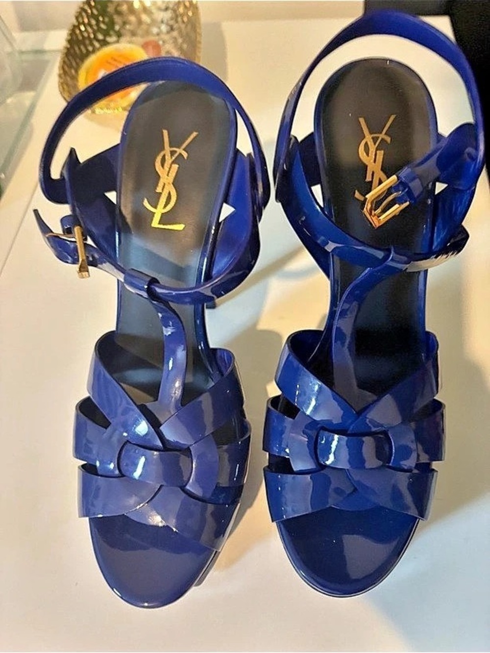 Yves Saint Laurent Tribute 105 Platform Sandal Blue Heels fits a women 8/9